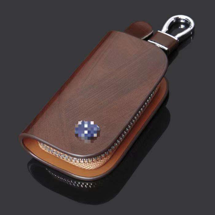 Universal Peach Wood Grain Leather Car Key Bag - Car Logo Key Pouch
